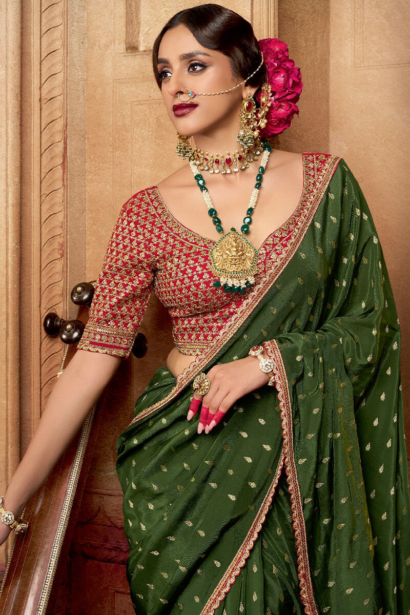 Devastating Dark Green Pure Viscose Crape Silk Saree With Adoring Blouse Piece