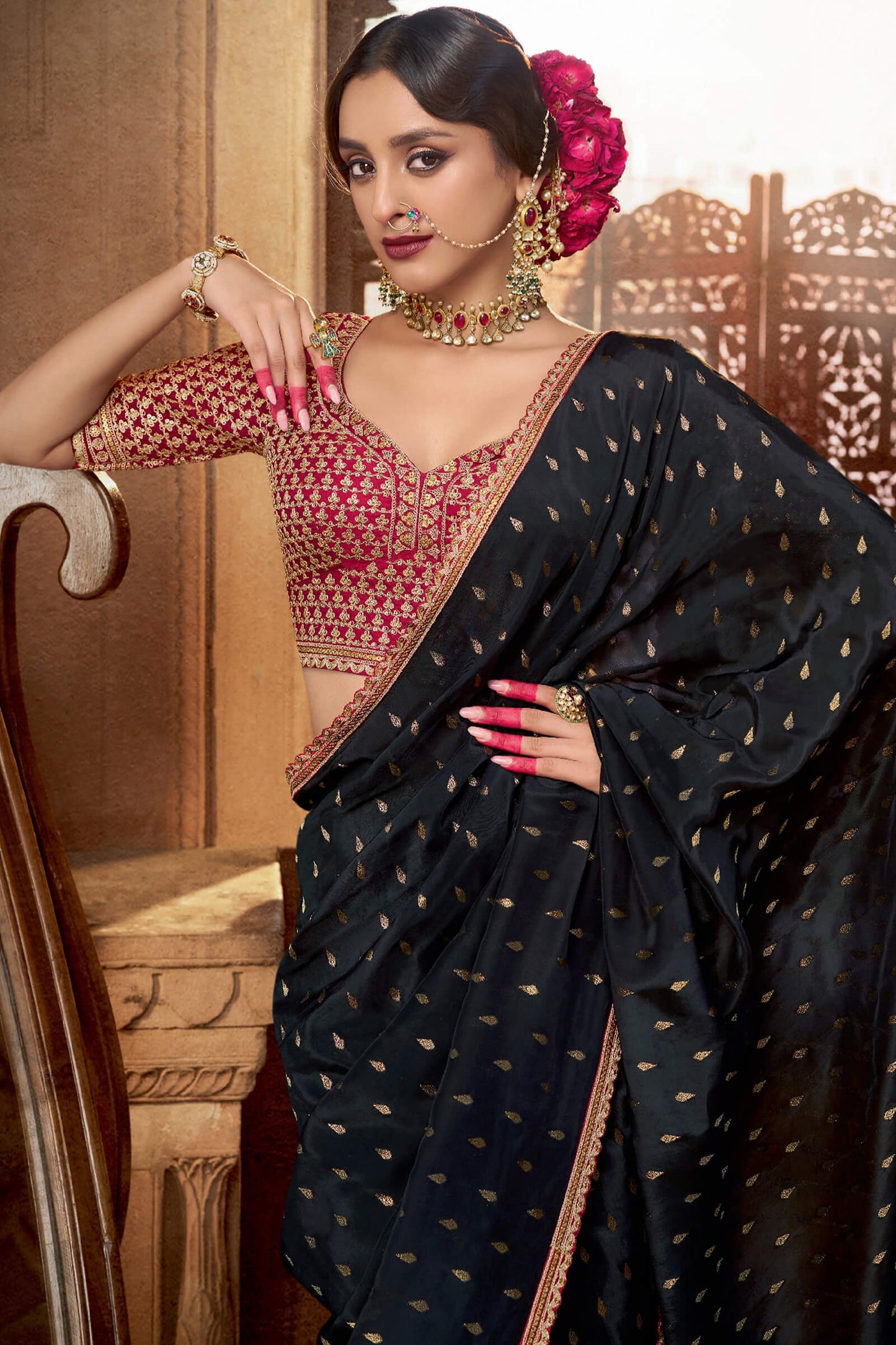 Deserving Black Pure Viscose Crape Silk Saree With Glowing Blouse Piece