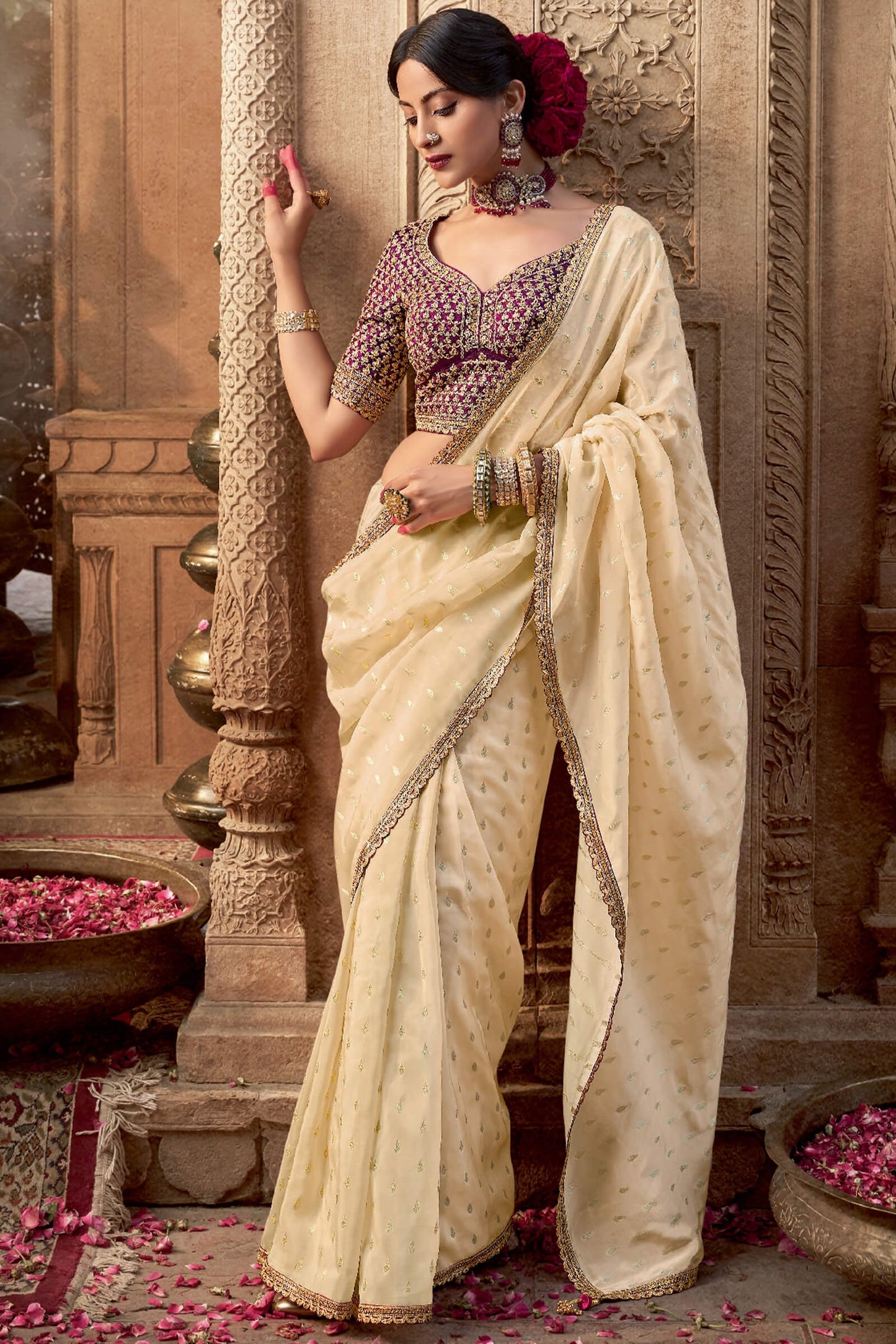 Artistic Beige Pure Viscose Crape Silk Saree With Inimitable Blouse Piece