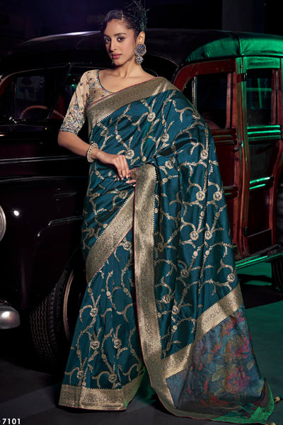 Ideal Rama Soft Banarasi Silk Saree With Sizzling Blouse Piece