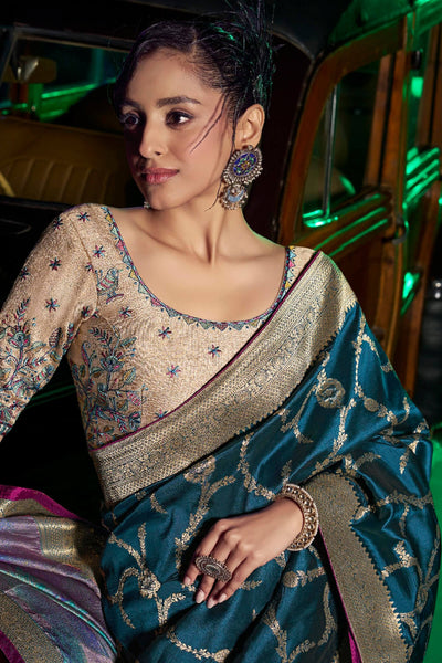Ideal Rama Soft Banarasi Silk Saree With Sizzling Blouse Piece