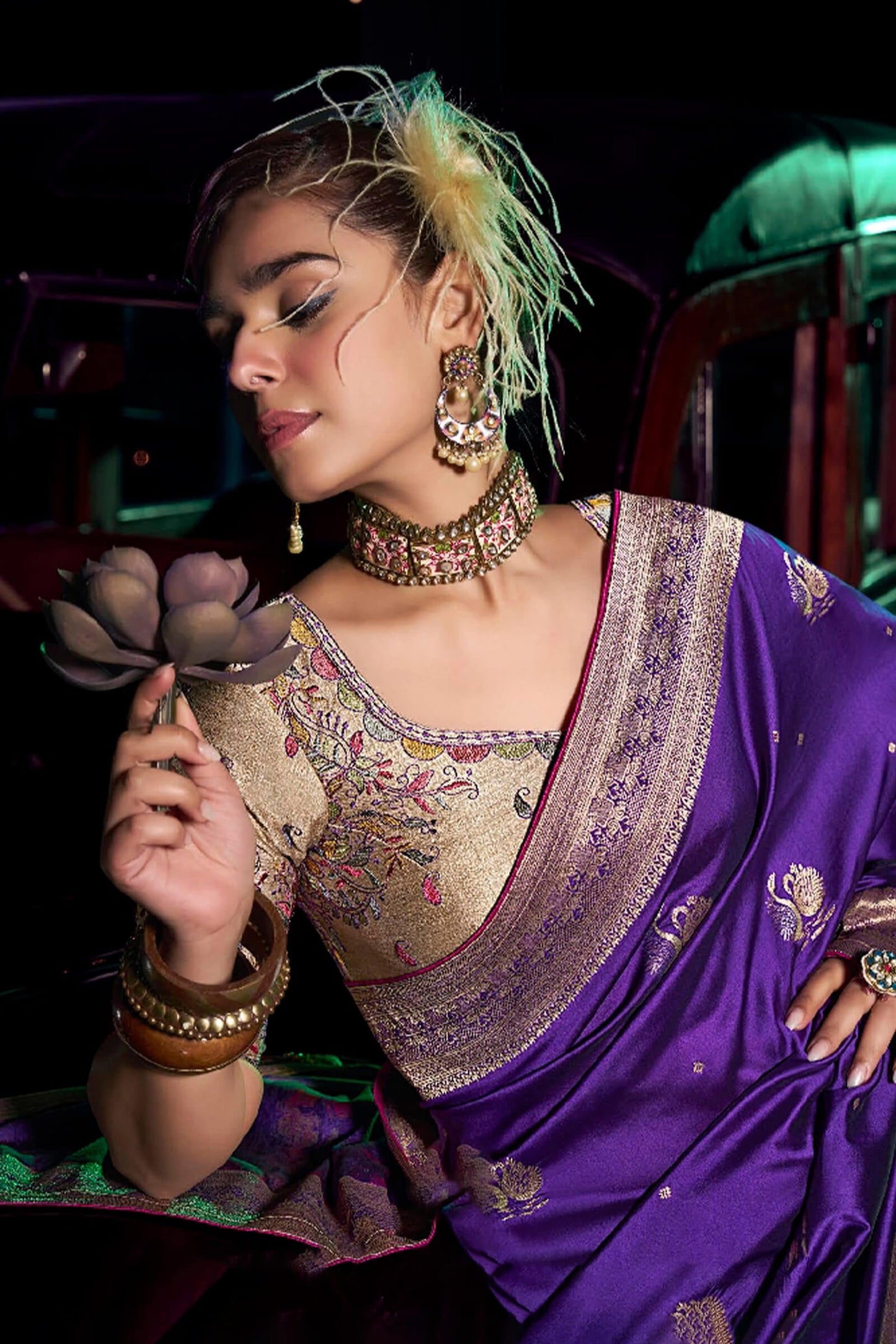 Capricious Purple Soft Banarasi Silk Saree With Super extravagant Blouse Piece