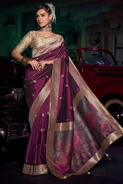 Symmetrical Wine Soft Banarasi Silk Saree With Evocative Blouse Piece