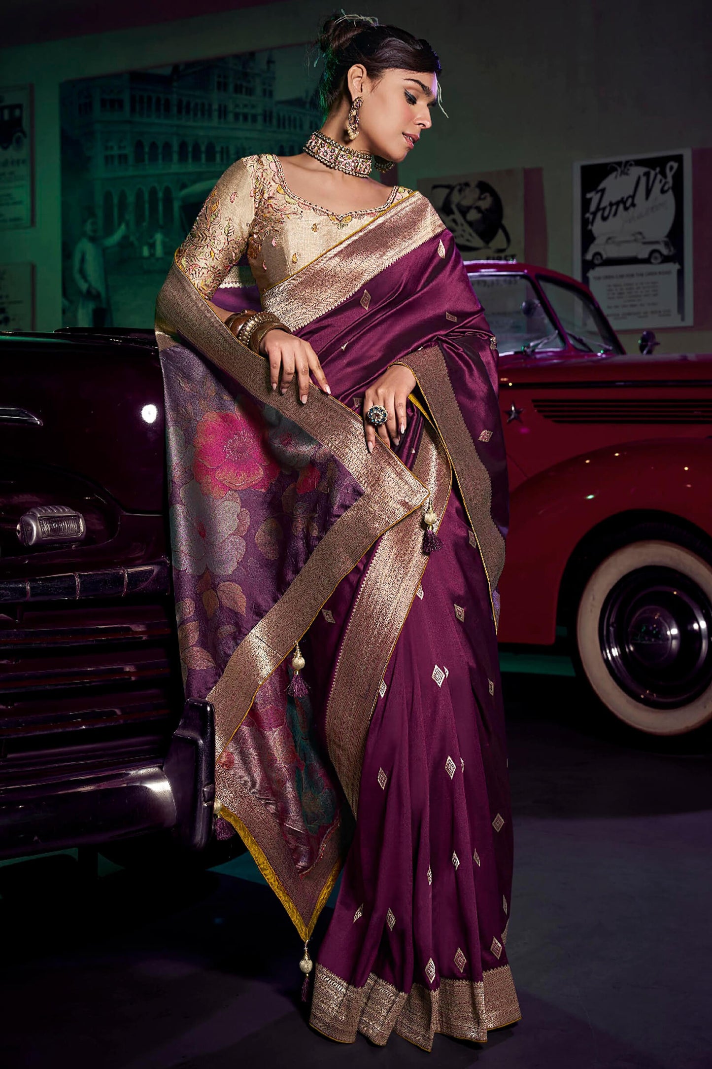 Symmetrical Wine Soft Banarasi Silk Saree With Evocative Blouse Piece