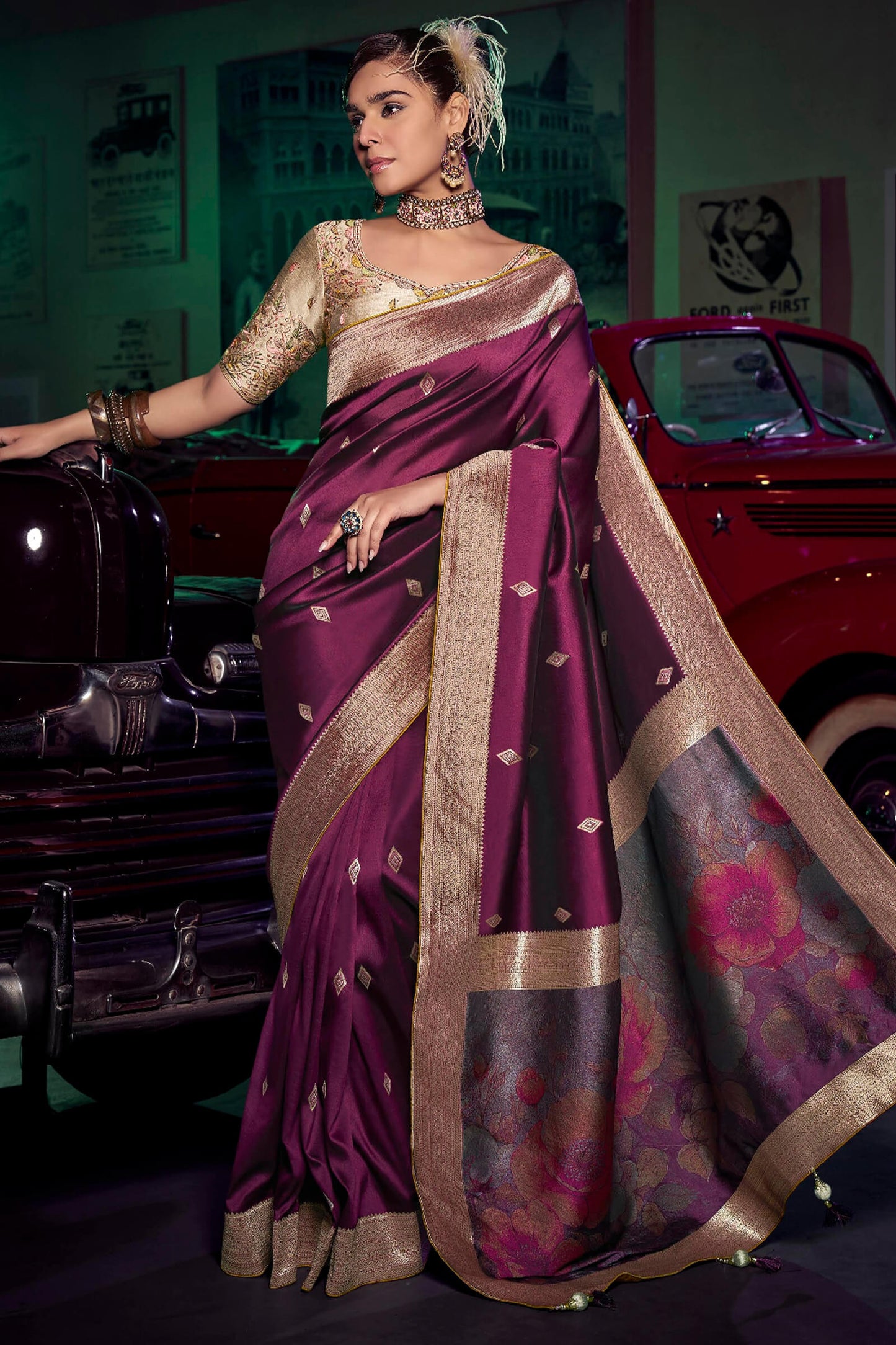 Symmetrical Wine Soft Banarasi Silk Saree With Evocative Blouse Piece