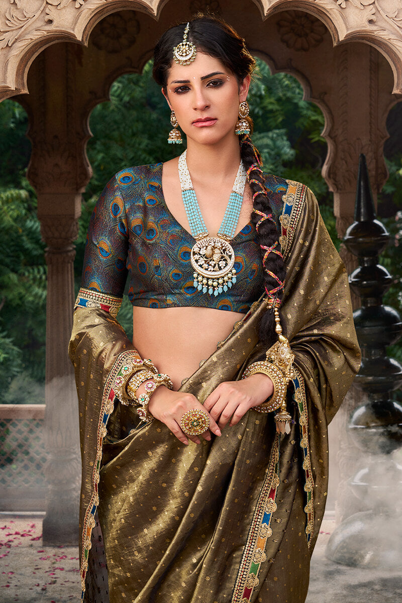 Mesmerising Brown Pure Tissue Banarasi Silk Saree With Deserving Blouse Piece