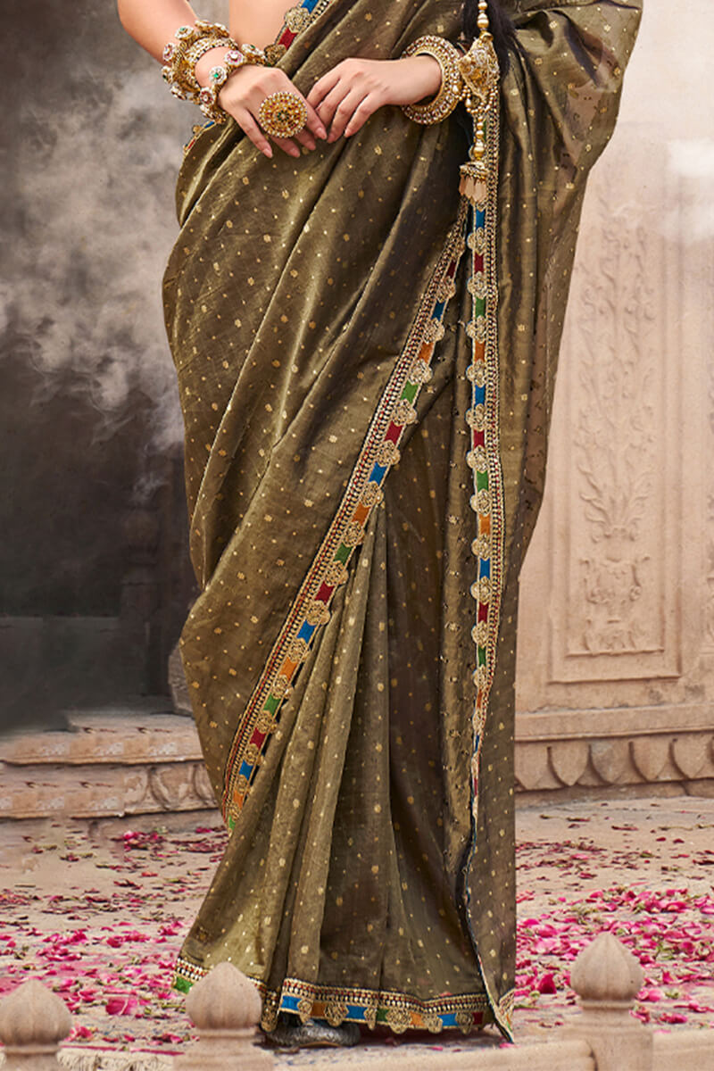 Mesmerising Brown Pure Tissue Banarasi Silk Saree With Deserving Blouse Piece