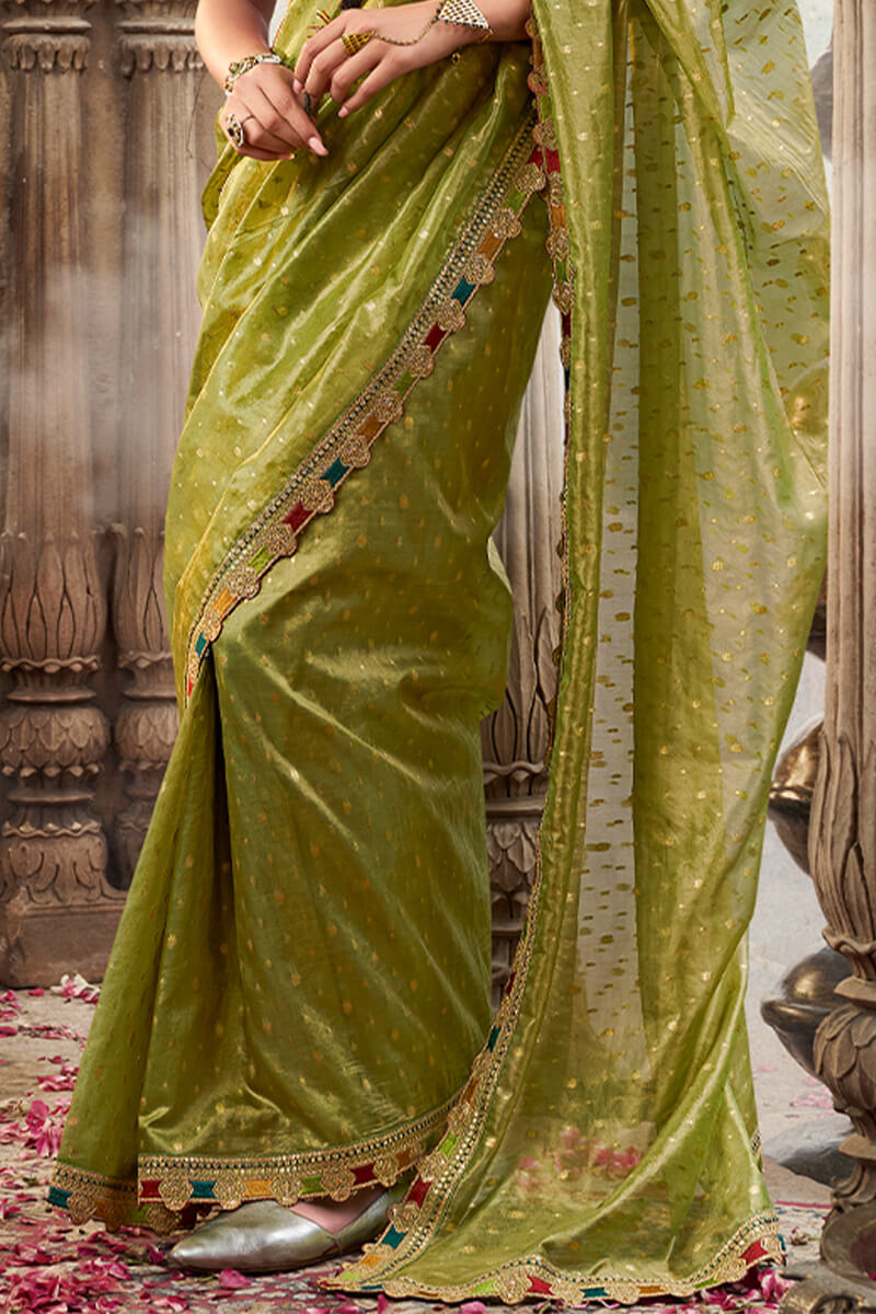 Flameboyant Mehndi Pure Tissue Banarasi Silk Saree With Majestic Blouse Piece