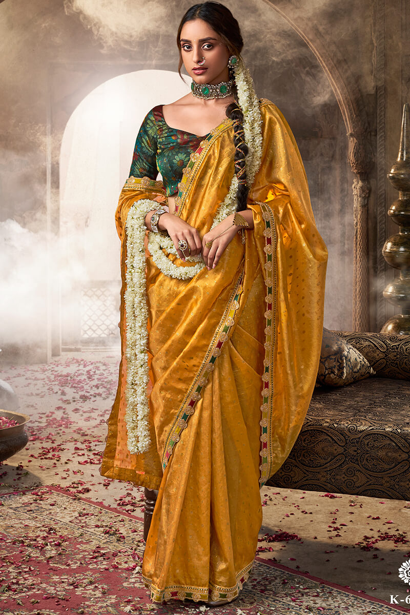 Resonant Mustard Pure Tissue Banarasi Silk Saree With Vivacious Blouse Piece