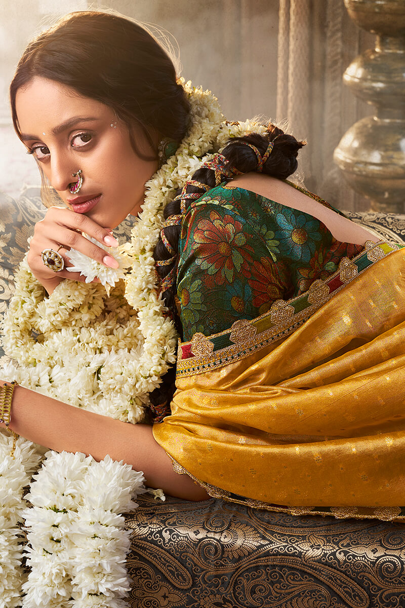 Resonant Mustard Pure Tissue Banarasi Silk Saree With Vivacious Blouse Piece