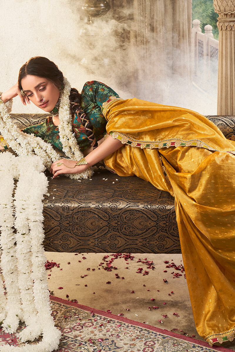 Resonant Mustard Pure Tissue Banarasi Silk Saree With Vivacious Blouse Piece