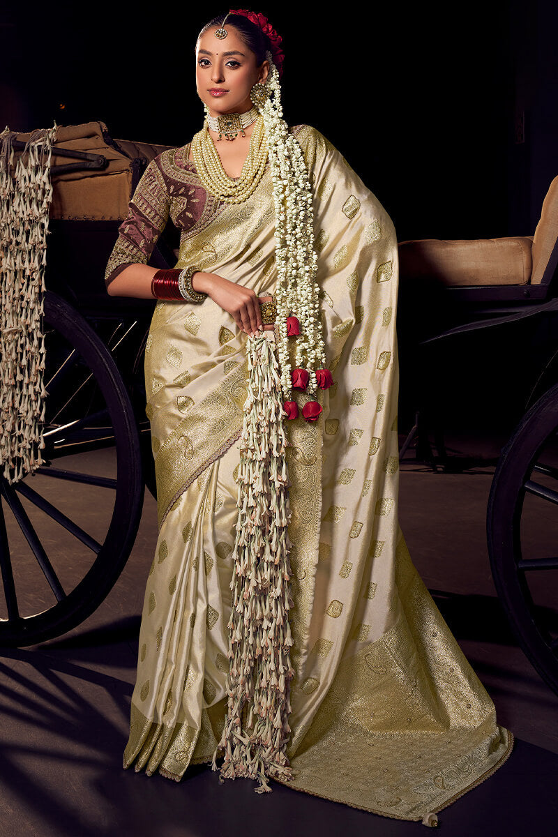Refreshing Beige Pure Viscose Tissue Banrasi Silk Saree With Whimsical Blouse Piece