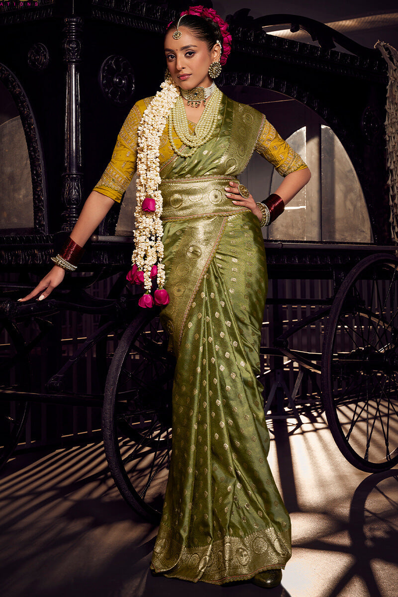 Lassitude Green Pure Viscose Tissue Banrasi Silk Saree With Staring Blouse Piece