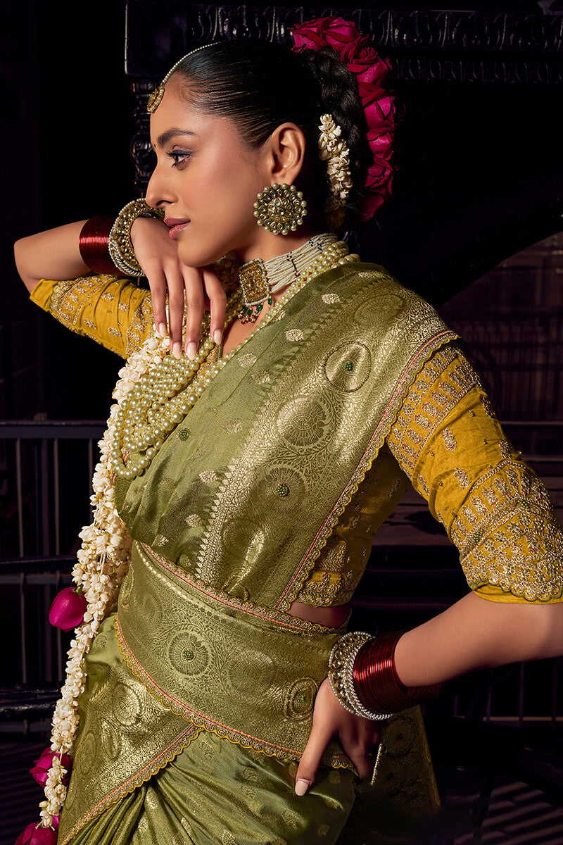 Lassitude Green Pure Viscose Tissue Banrasi Silk Saree With Staring Blouse Piece