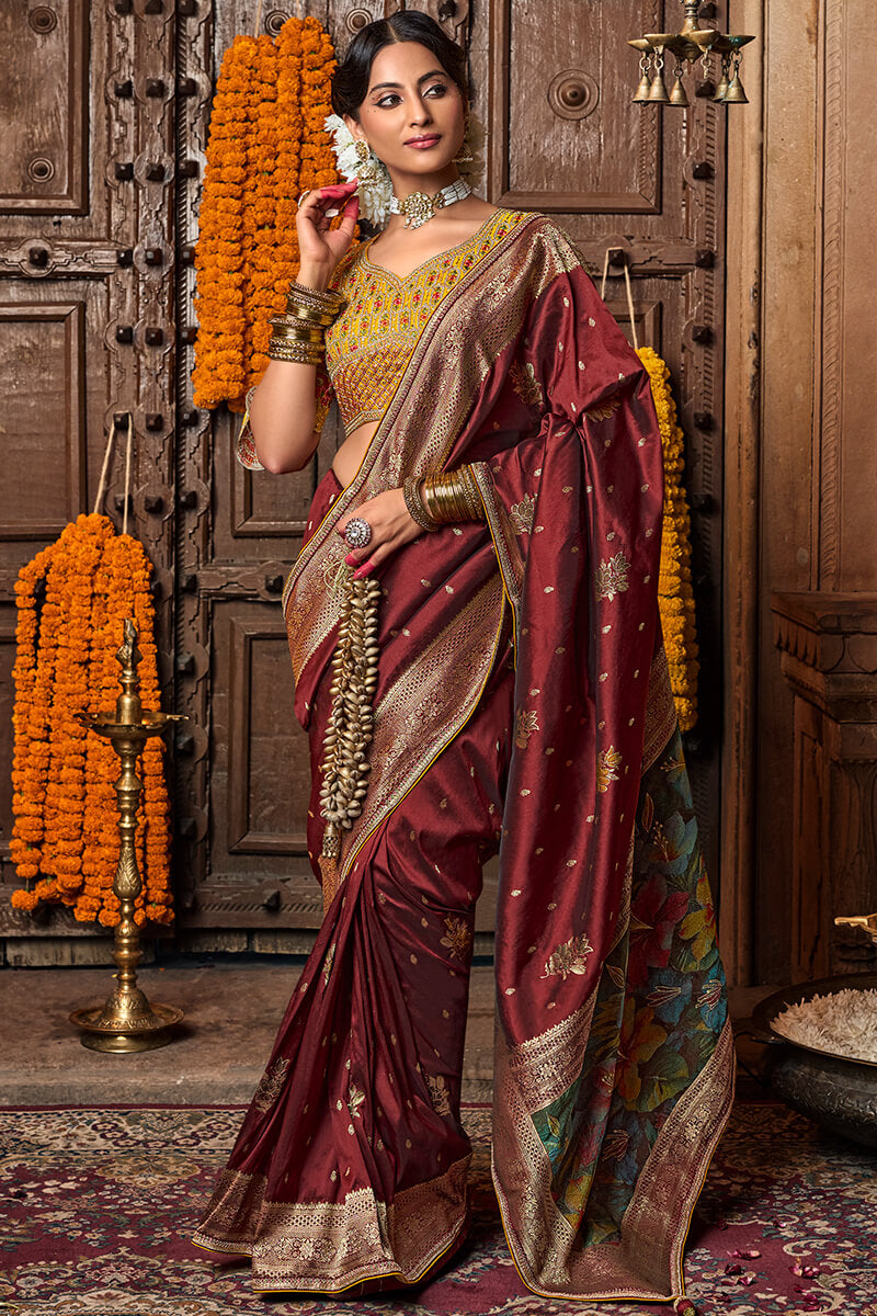 Precious Maroon Pure Viscose Dola Silk Saree With Susurrous Blouse Piece