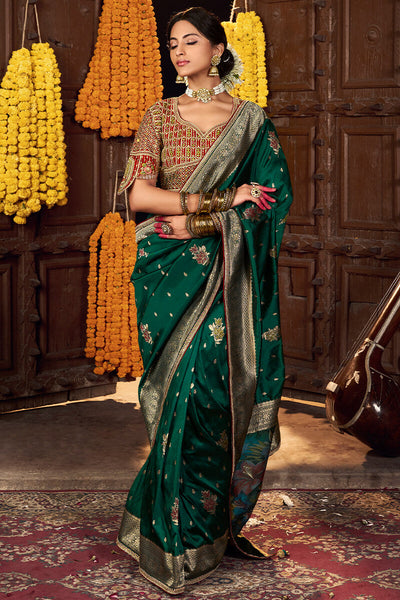 Mesmeric Dark Green Pure Viscose Dola Silk Saree With Radiant Blouse Piece