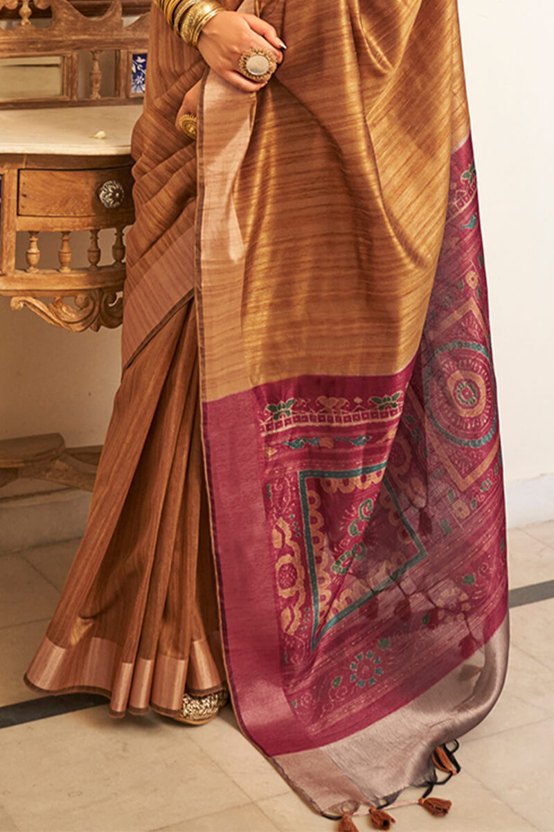 Trendy Brown Cotton Silk Saree With Delectable Blouse Piece