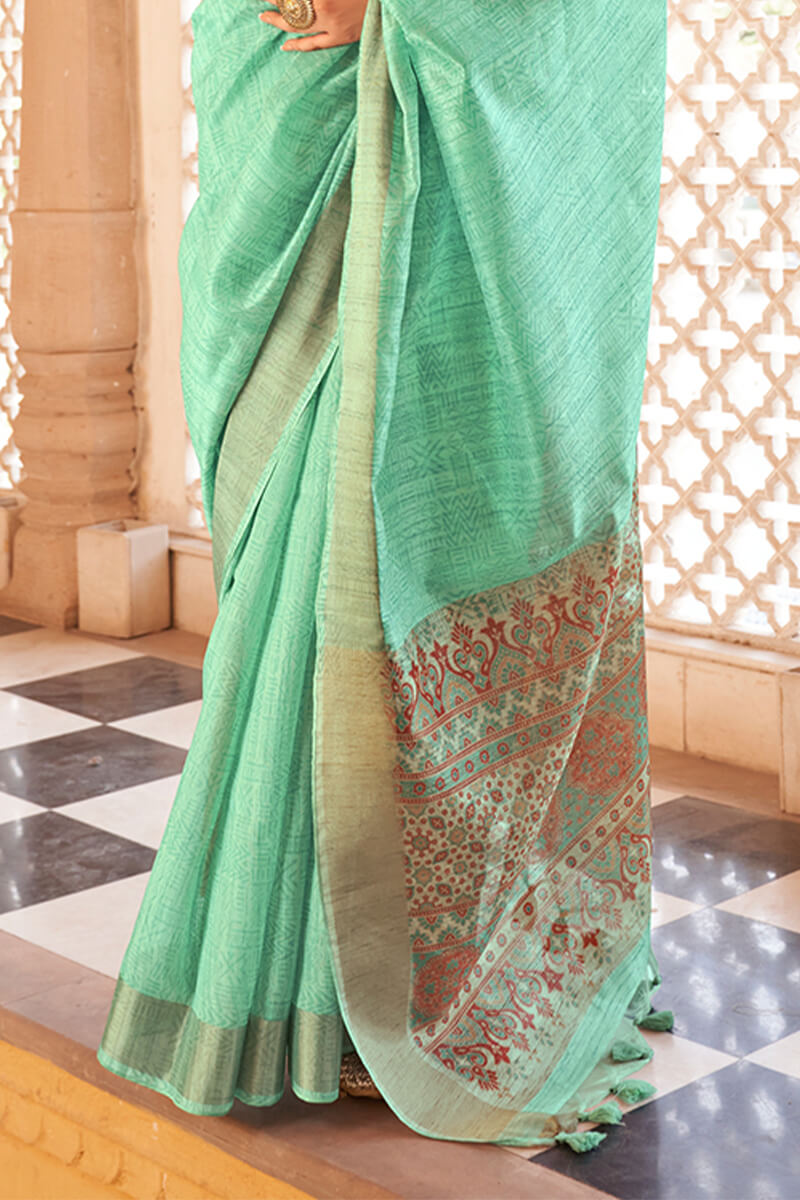 Embrocation Turquoise Cotton Silk Saree With Blooming Blouse Piece