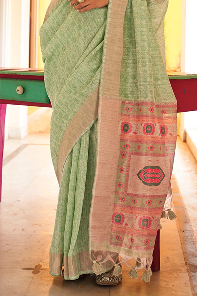Bewitching Pista Cotton Silk Saree With Invaluable Blouse Piece