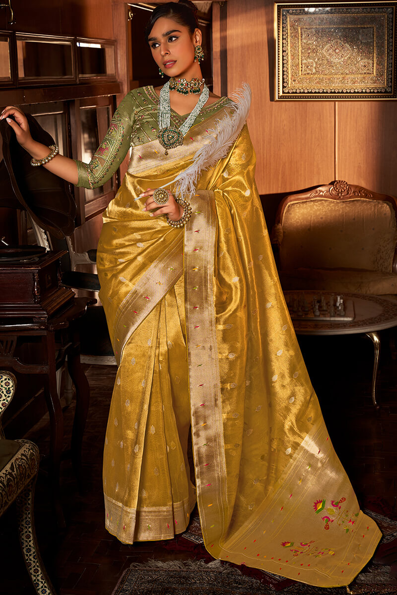 Elaborate Mustard Paithani Silk Saree With Serendipity Blouse Piece