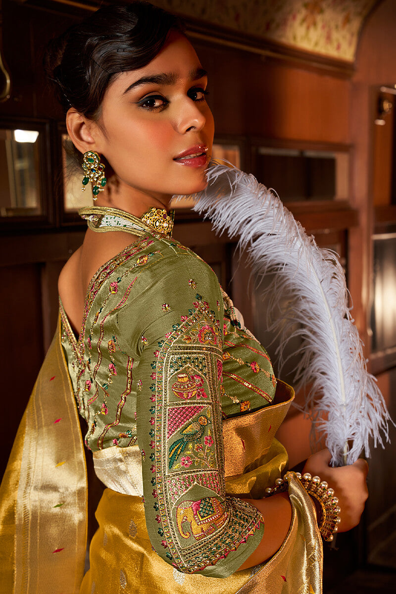 Elaborate Mustard Paithani Silk Saree With Serendipity Blouse Piece