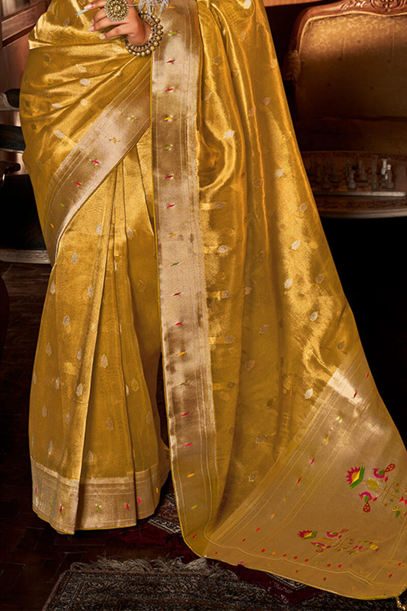 Elaborate Mustard Paithani Silk Saree With Serendipity Blouse Piece