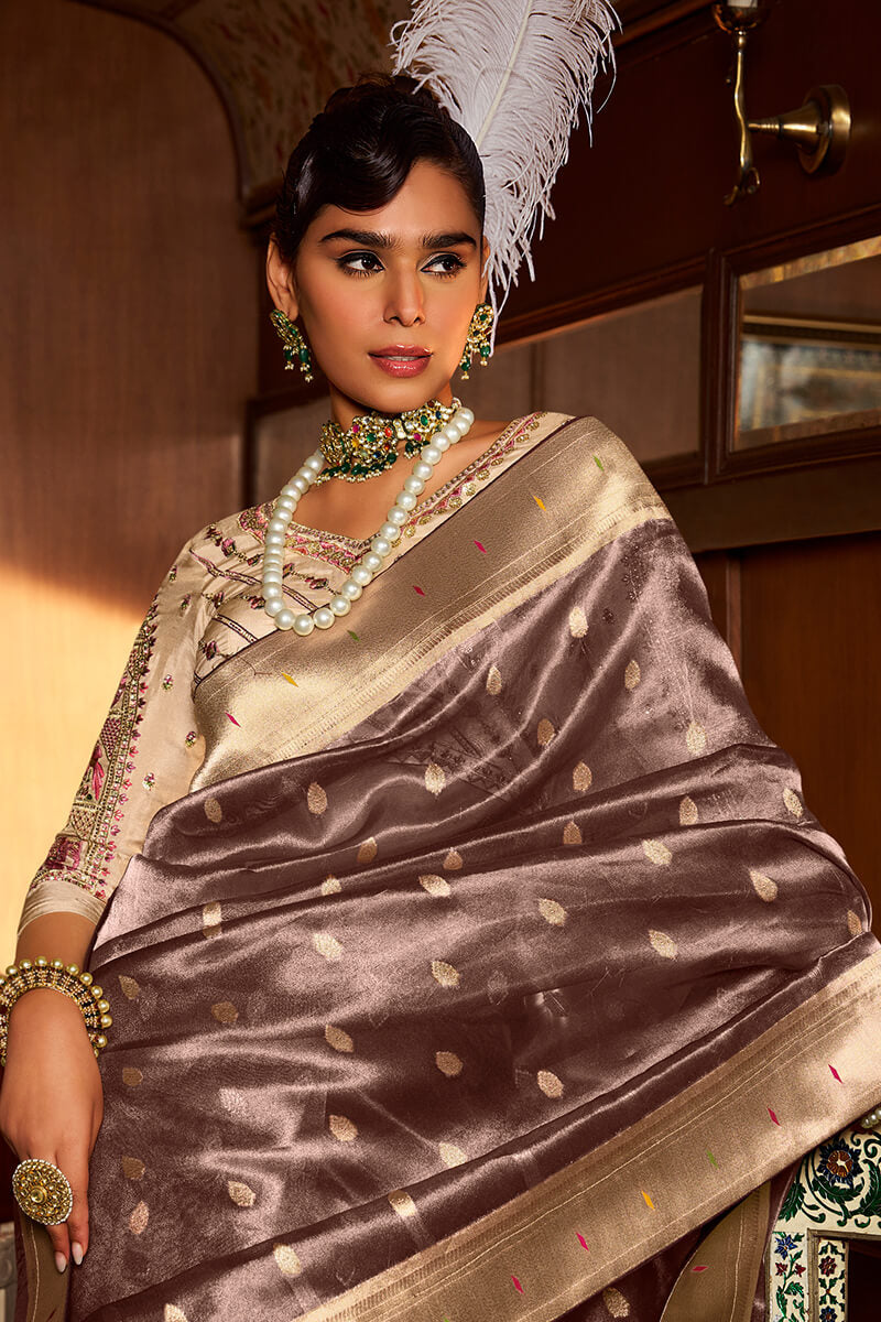 Zephyr Brown Paithani Silk Saree With Allure Blouse Piece