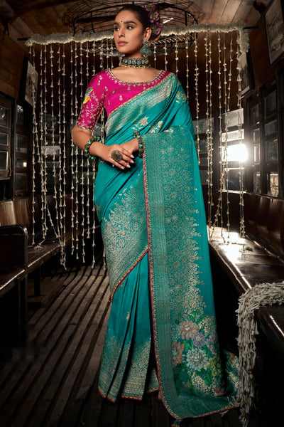 Eclat Sea Green Pure Viscose Dola Silk Saree With Enigmatic Blouse Piece