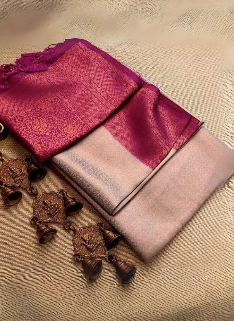 Impressive Grey Kanjivaram Silk Saree With Blooming Blouse Piece