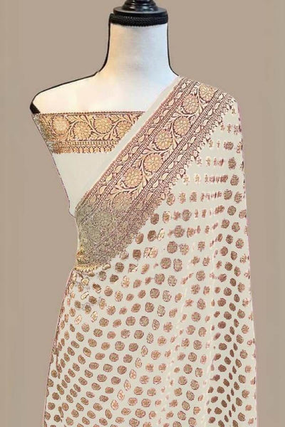 Flattering Beige Soft Banarasi Silk Saree With Elegant Blouse Piece
