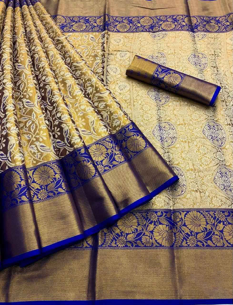 Mesmeric Royal Blue Kanjivaram Silk Saree With Beauteous Blouse Piece