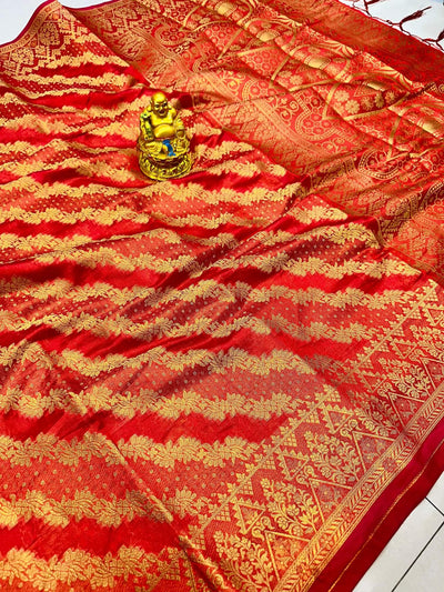 Desiring Red Organza Silk Saree With Adorable  Blouse Piece