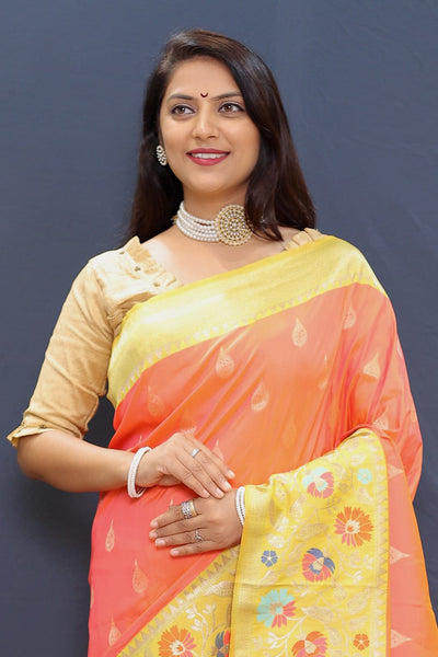Quintessential Peach Paithani Silk Saree With Radiant Blouse Piece