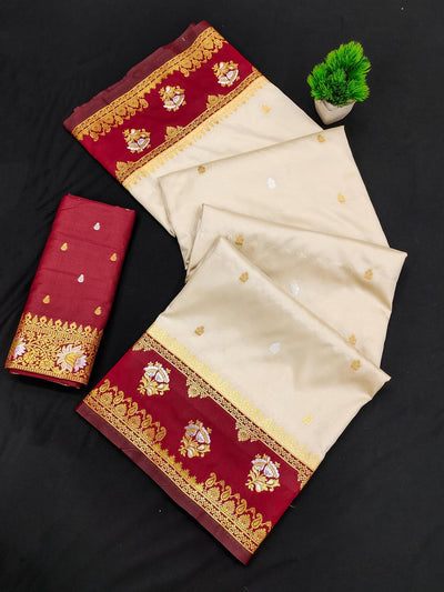 Trendy Off White Soft Banarasi Silk Saree With Scrumptious Blouse Piece
