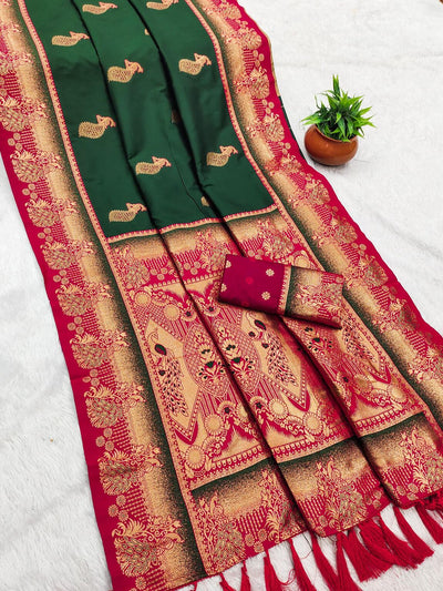 Designer Dark Green Paithani Silk Saree With Splendorous Blouse Piece