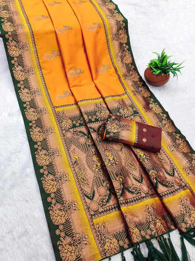 Surreptitious Yellow Paithani Silk Saree With Winsome Blouse Piece