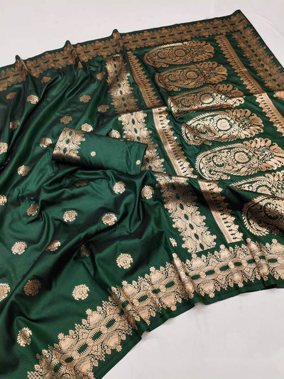 Luminous Dark Green Soft Banarasi Silk Saree With Sonorous Blouse Piece