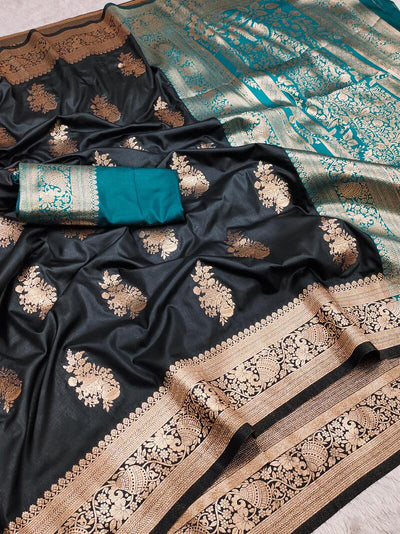 Winsome Black Soft Banarasi Silk Saree With Divine Blouse Piece
