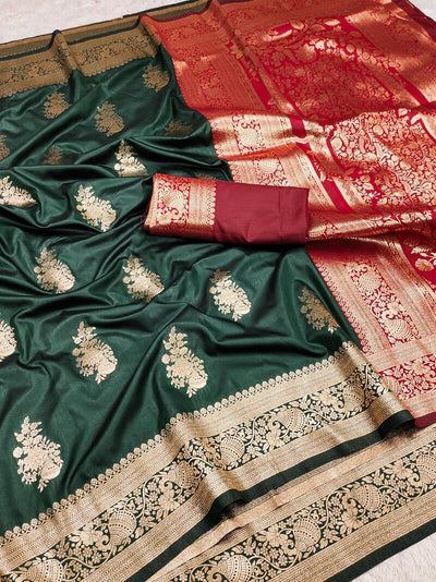 Tempting Dark Green Soft Banarasi Silk Saree With Gratifying Blouse Piece