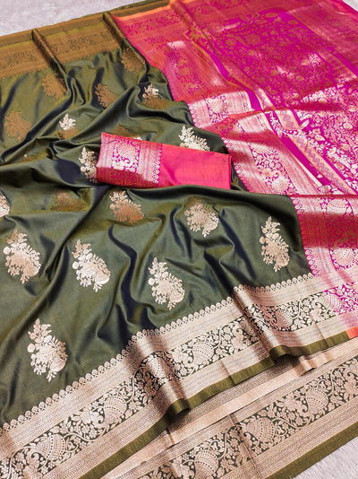 Ebullience Green Soft Banarasi Silk Saree With Unique Blouse Piece