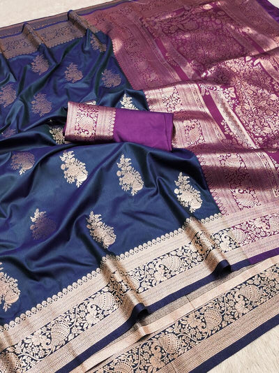 Flattering Navy Blue Soft Banarasi Silk Saree With Serendipity Blouse Piece