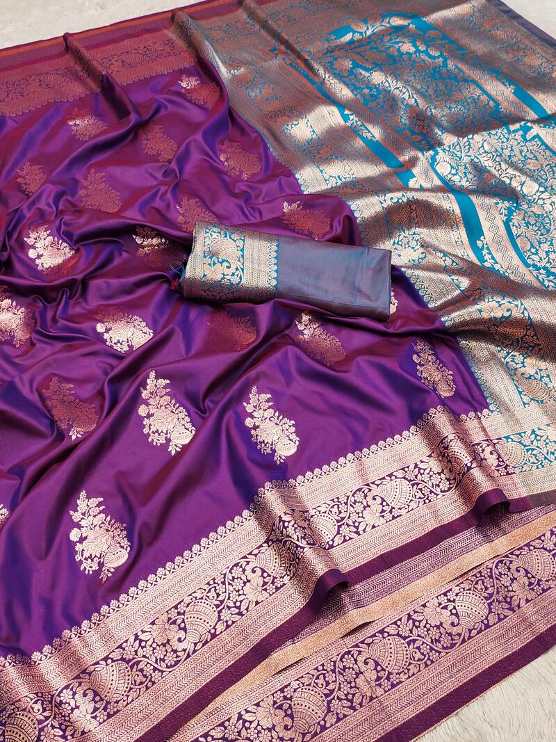 Vestigial Purple Soft Banarasi Silk Saree With Prominent Blouse Piece