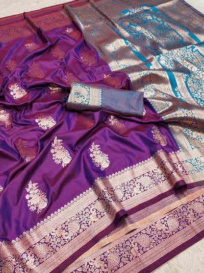 Vestigial Purple Soft Banarasi Silk Saree With Prominent Blouse Piece