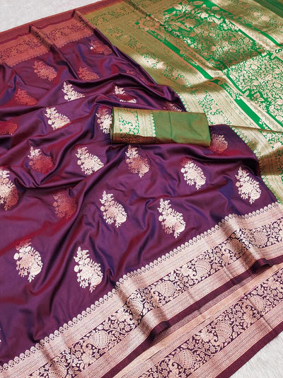 Zephyr Wine Soft Banarasi Silk Saree With Attractive Blouse Piece