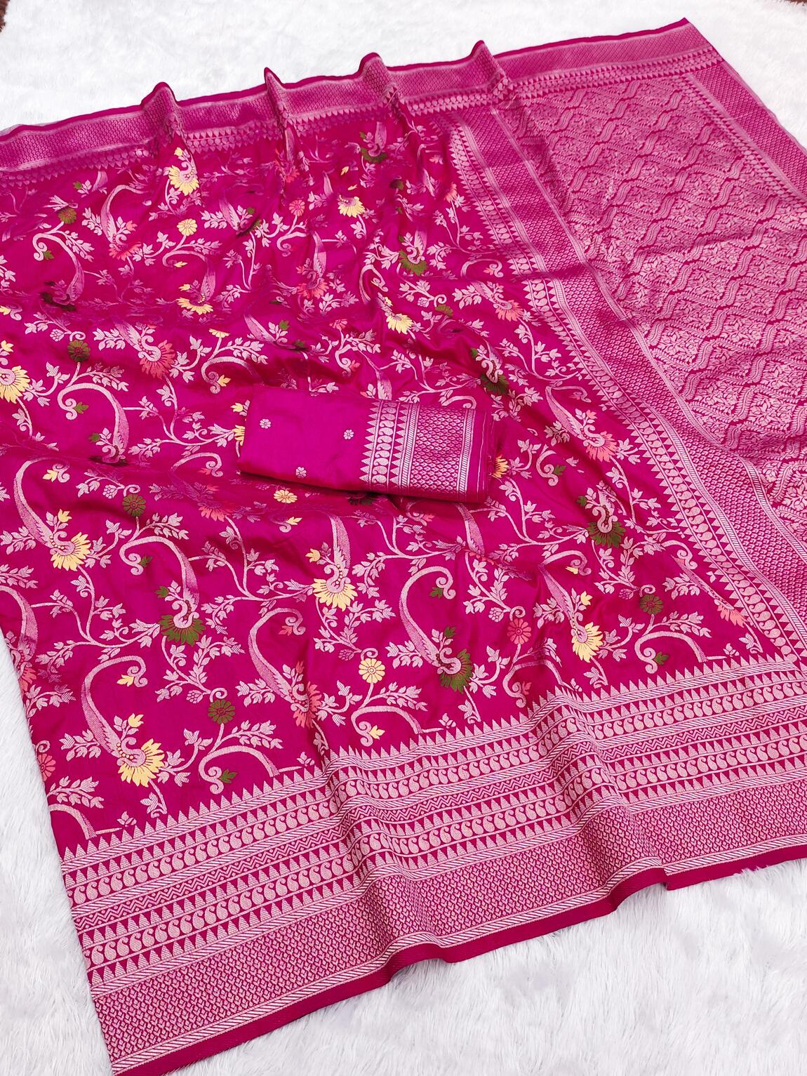 Resonant Dark Pink Soft Banarasi Silk Saree With Elaborate Blouse Piece