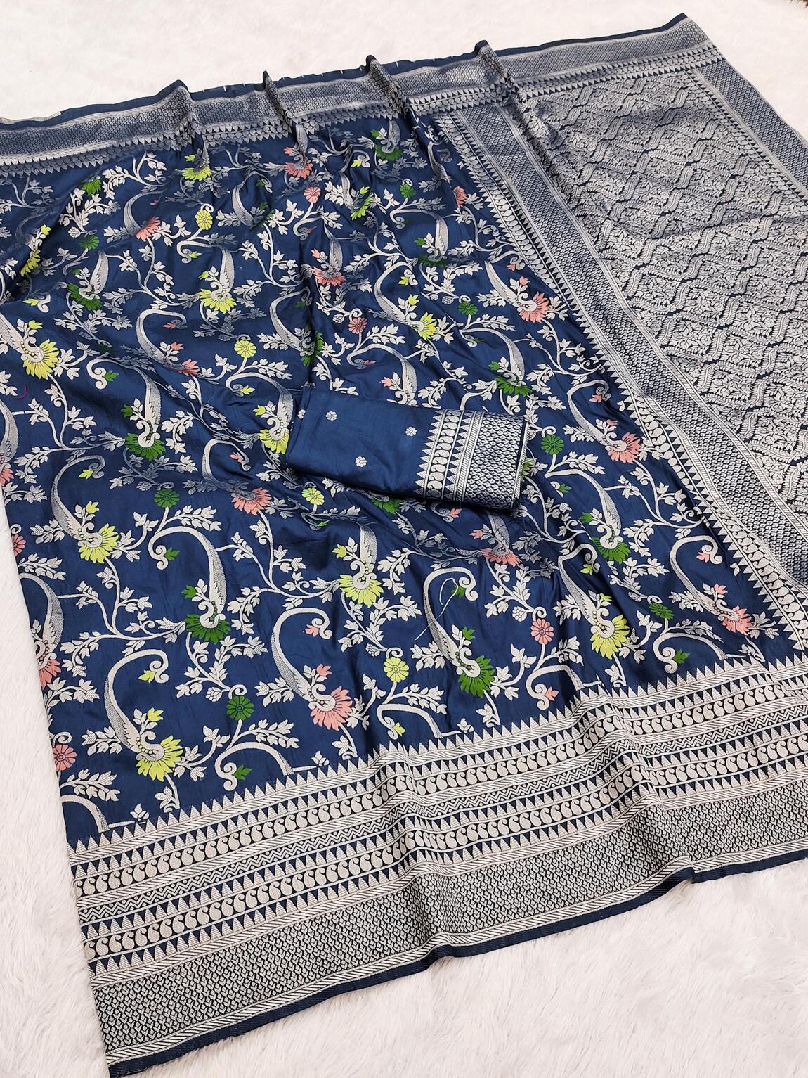 Elegant Navy Blue Soft Banarasi Silk Saree With Rhapsodic Blouse Piece