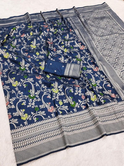 Elegant Navy Blue Soft Banarasi Silk Saree With Rhapsodic Blouse Piece