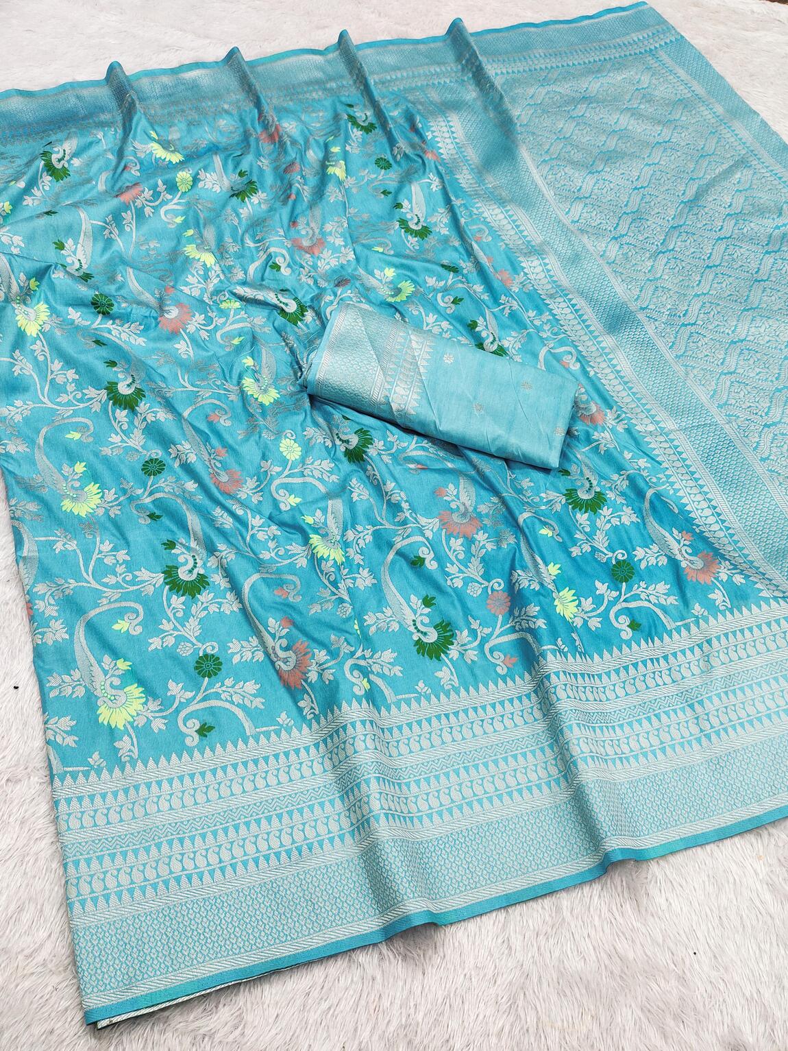 Majesty Sky Soft Banarasi Silk Saree With Embrocation Blouse Piece