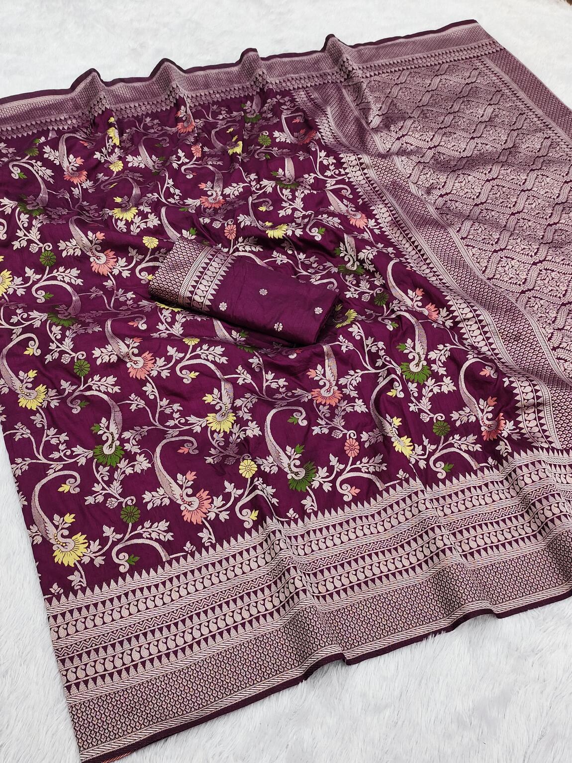 Sensational Wine Soft Banarasi Silk Saree With Pleasant Blouse Piece