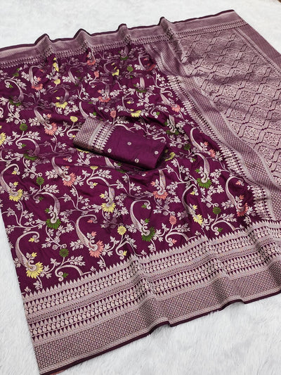 Sensational Wine Soft Banarasi Silk Saree With Pleasant Blouse Piece